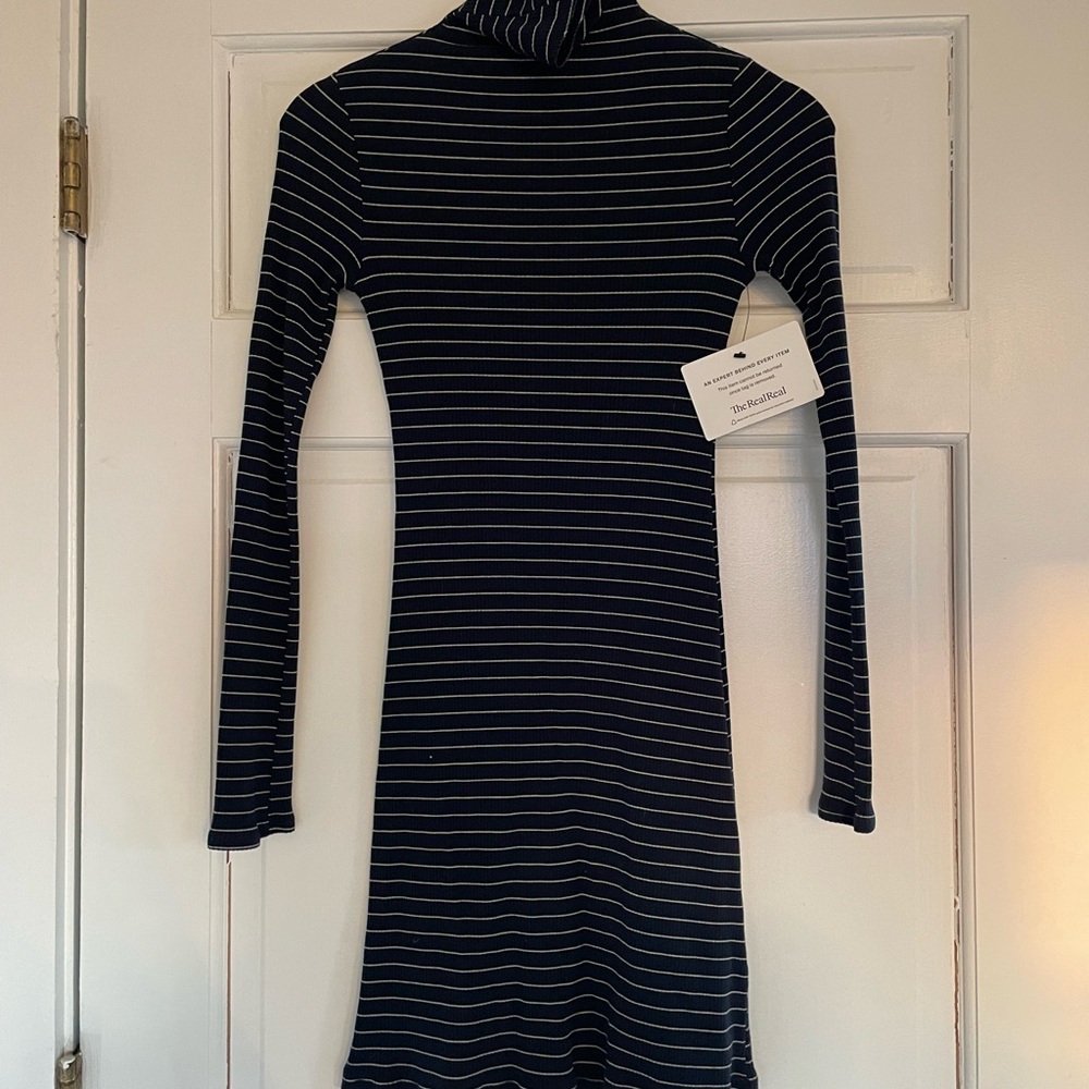 Reformation Navy and White Striped Long Sleeve Dress